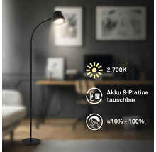 Moderne Stehleuchte mit Akku, flexiblen Hals und Dimmfunktion, zwei tausend siebenhundert Kelvin, Akku und Platine sind austauschbar.