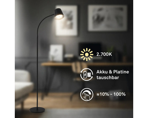 Moderne Stehleuchte mit Akku, flexiblen Hals und Dimmfunktion, zwei tausend siebenhundert Kelvin, Akku und Platine sind austauschbar.