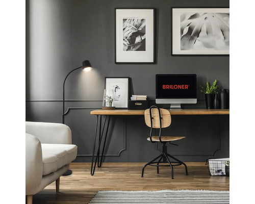 Modernes Arbeitszimmer mit Briloner Logo auf dem Monitor, Schreibtisch aus Holz, Drehstuhl und Stehleuchte vor einer Wand mit Wandpaneelen.