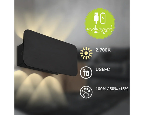 Wandleuchte mit Akku und USB-C Anschluss, warmweißes Licht mit 2700 Kelvin und drei Dimmstufen