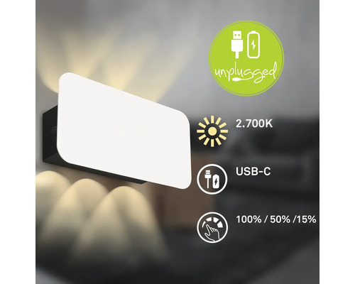 Wandleuchte mit Akku und USB C Anschluss, warmweisses Licht mit 2700 Kelvin, dreistufig dimmbar per Berührung.