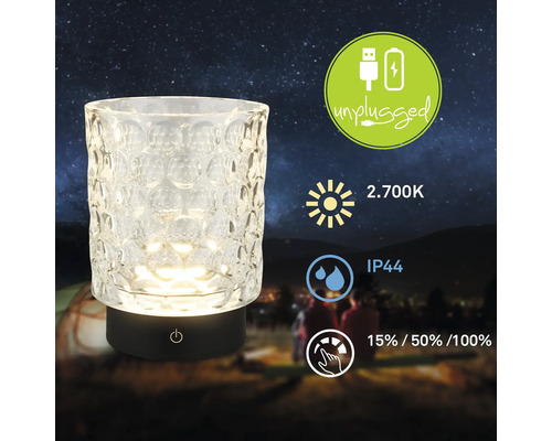 LED Tischleuchte mit Akku und USB Anschluss, Schutzart IP44, warmweißes Licht mit 2700 Kelvin und drei Dimmstufen.