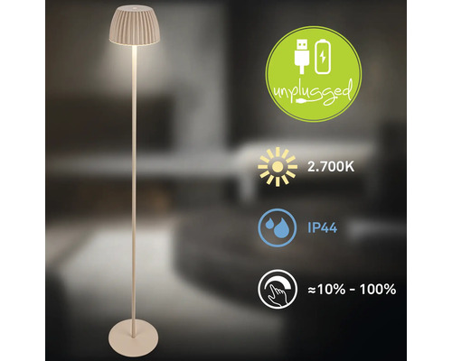 Moderne Stehleuchte mit Akku, warmweißem Licht mit 2700 Kelvin, Schutzart IP44 und stufenloser Dimmfunktion von 10 bis 100 Prozent.