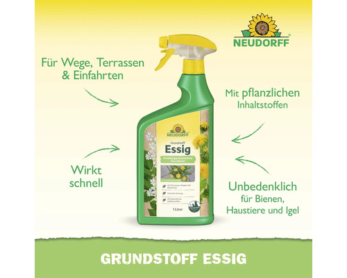 Neudorff Grundstoff Essig Unkrautvernichter in der 1 Liter Sprühflasche für Wege und Terrassen mit pflanzlichen Inhaltsstoffen.