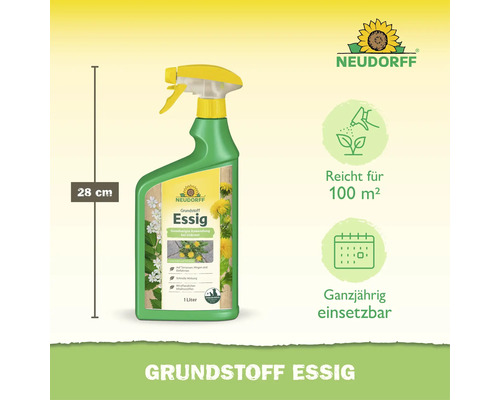 Neudorff Grundstoff Essig Unkrautvernichter in der 1 Liter Sprühflasche mit 28 Zentimeter Höhe für die Anwendung auf Wegen und Terrassen.