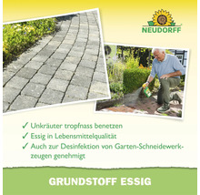 Neudorff Grundstoff Essig zur Unkrautbekämpfung auf Wegen mit Anwendungshinweisen und Neudorff Logo.