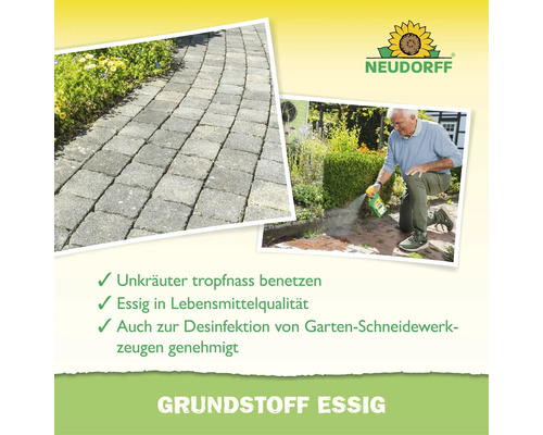 Neudorff Grundstoff Essig zur Unkrautbekämpfung auf Wegen mit Anwendungshinweisen und Neudorff Logo.