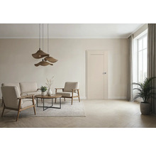 Eine elegante Innentür in einem modern eingerichteten Wohnzimmer mit hellen Möbeln, dekorativen Hängeleuchten und einem Fischgrätparkettboden.