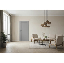 Graue Innentür in einem modern eingerichteten Wohnzimmer mit hellen Möbeln, Parkettboden und hängenden Lampen.