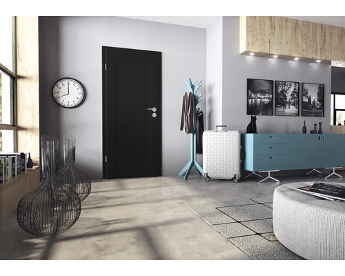 Moderne Innentür mit schwarzem Türblatt und schlichter Drückergarnitur in einem elegant eingerichteten Flur mit Dekorationselementen.