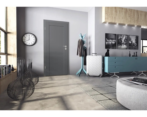 Moderne graue Innentür in einem stilvoll eingerichteten Flur mit Kommode, Garderobe und Wanduhr.