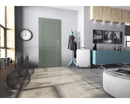 Moderne Innentür in einem Flur mit Kleiderständer, Kommode, Teppich und Wandbildern in einer hellen Wohnumgebung.