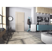 Moderne Innentür in einem Flur mit Garderobe, Sideboard und Dekoration in einer hellen Wohnumgebung.