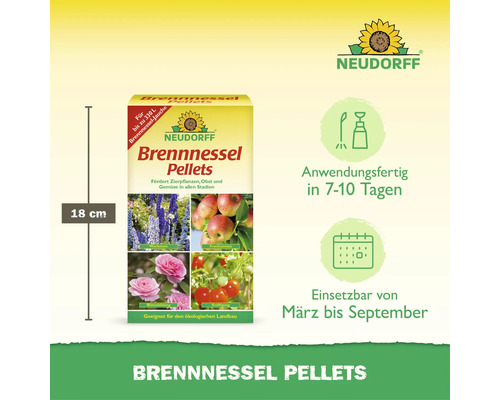 Neudorff Brennnessel Pellets zur Herstellung von Brennnesseljauche für Zierpflanzen, Obst und Gemüse mit Anwendungsdetails.