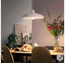 Moderne Pendelleuchte über einem Esszimmertisch mit Blumenstrauß und Dekoration im Hintergrund in einem hellen Wohnraum. (Image AI modified or generated)