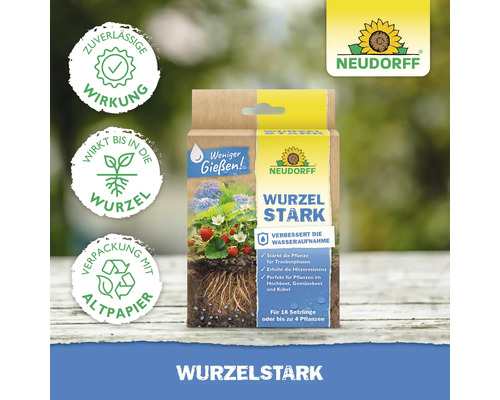 Neudorff Wurzel Stark Pflanzenstärkungsmittel in Kartonverpackung zur Verbesserung der Wasseraufnahme und Hitzeresistenz von Pflanzen.