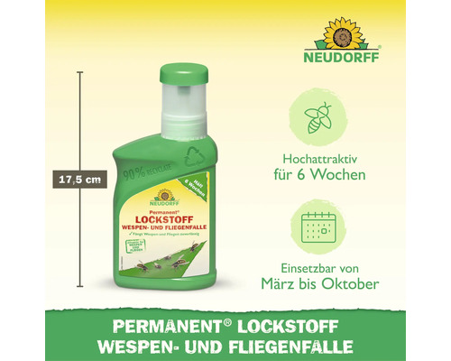 Neudorff Permanent Lockstoff für Wespen- und Fliegenfalle in der 17,5 Zentimeter hohen Flasche zur Verwendung von März bis Oktober.