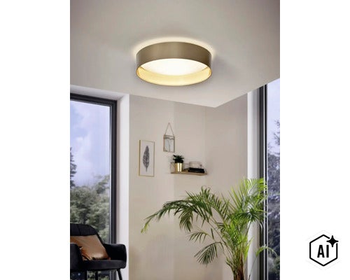 Moderne runde LED Deckenleuchte im Wohnzimmer montiert, sorgt für warmweißes Licht und eine gemütliche Atmosphäre. (Image AI modified or generated)