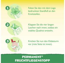 Anleitung zum Zusammenbau der Permanent Fruchtfliegenfalle in drei Schritten mit Illustrationen.