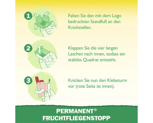 Anleitung zum Zusammenbau der Permanent Fruchtfliegenfalle in drei Schritten mit Illustrationen.