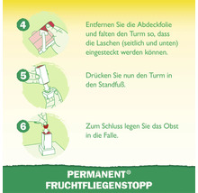 Illustrierte Anleitung zur Montage der Fruchtfliegenfalle: Schutzfolie entfernen, Turm falten, in den Standfuß stecken und Obst als Köder einlegen.