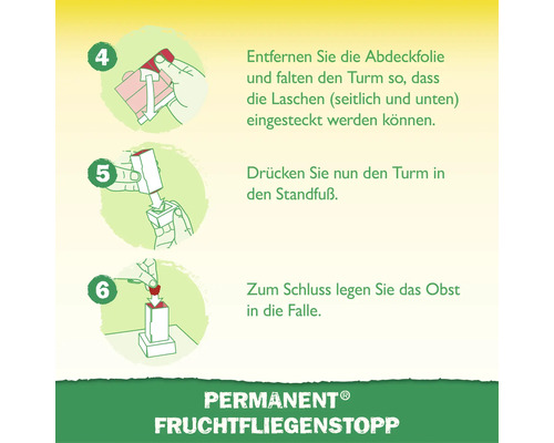 Illustrierte Anleitung zur Montage der Fruchtfliegenfalle: Schutzfolie entfernen, Turm falten, in den Standfuß stecken und Obst als Köder einlegen.
