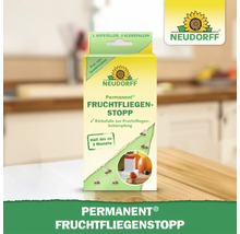 Neudorff Permanent Fruchtfliegen Stopp mit einem Aufsteller und zwei Klebefallen zur Bekämpfung von Fruchtfliegen.