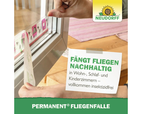 Eine Hand bringt einen Neudorff Permanent Fliegenfänger an einem Fensterrahmen an, um Fliegen in Wohnräumen insektenfrei zu fangen.