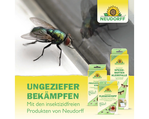 Neudorff Insektizidfreie Produkte zur Insektenbekämpfung wie Fliegenstopp und Mottenfallen mit Neudorff Logo.