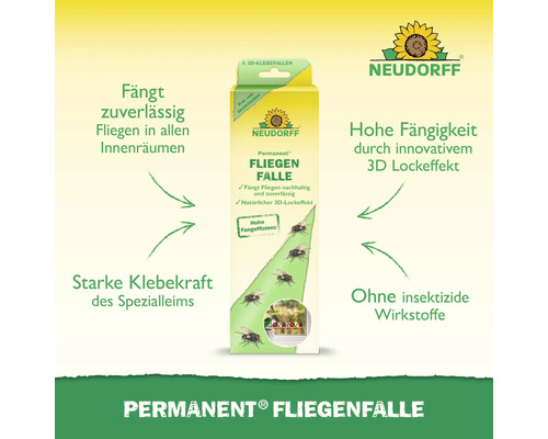 Neudorff Permanent Fliegenfalle als 3D Klebefalle zur wirksamen Bekämpfung von Fliegen in Innenräumen ohne den Einsatz von Insektiziden.