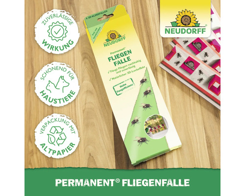 Neudorff Permanent Fliegenfalle als Packung mit vier Klebefallen zur insektizidfreien Fliegenbekämpfung mit natürlichem Lockeffekt.