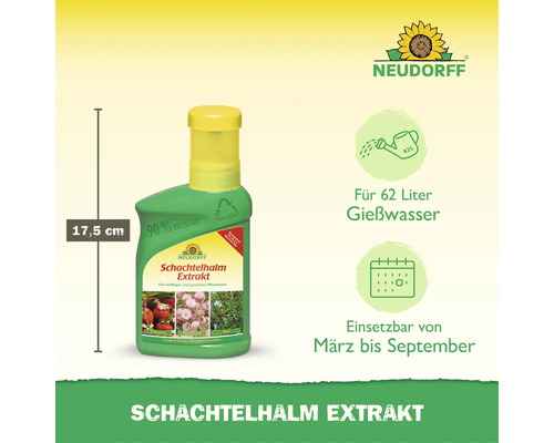 Neudorff Schachtelhalm Extrakt als Pflanzenstärkungsmittel für 62 Liter Gießwasser, anwendbar von März bis September.