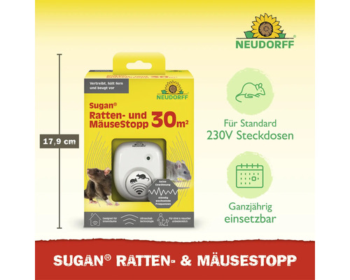 Neudorff Sugan Ratten- und Mäusestopp Ultraschallgerät für Innenräume zur Vertreibung von Nagern für 230 Volt Steckdosen.