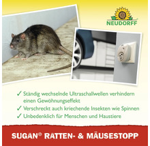 Neudorff Sugan Ratten- und Mäusestopp Ultraschallgerät gegen Nagetiere und Insekten für die Steckdose mit wechselnden Ultraschallwellen.