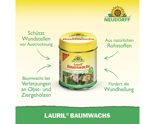 Dose mit Neudorff Lauril Baumwachs zur Wundbehandlung und Veredelung von Obst- und Ziergehölzen aus natürlichen Rohstoffen mit Neudorff Logo.