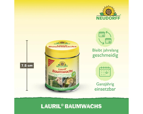 Neudorff Lauril Baumwachs für die Veredelung und Wundbehandlung von Obst und Ziergehölzen in einer 7,5 Zentimeter hohen Dose.
