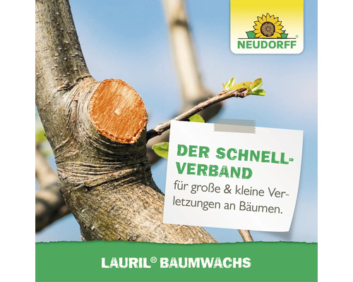 Neudorff Lauril Baumwachs für die Wundversorgung an Bäumen nach dem Schnitt mit Neudorff Logo.
