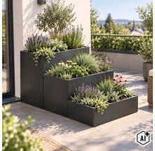 Stufenpflanzkübel aus Metall in moderner Optik auf einer Terrasse bepflanzt mit mediterranen Kräutern, Blumen und einem kleinen Olivenbaum. (Image AI modified or generated)