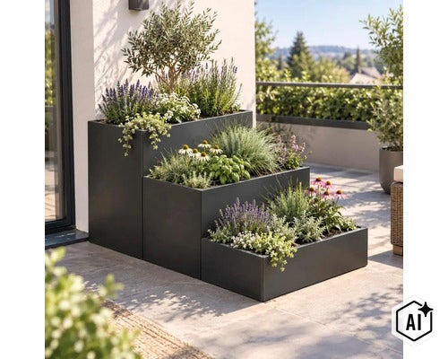 Stufenpflanzkübel aus Metall in moderner Optik auf einer Terrasse bepflanzt mit mediterranen Kräutern, Blumen und einem kleinen Olivenbaum. (Image AI modified or generated)