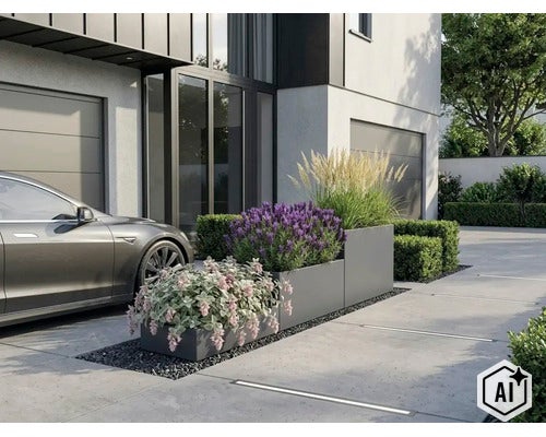 Moderne rechteckige Pflanzgefäße aus Metall vor einer Hausfassade mit Auto und Gartenbepflanzung. (Image AI modified or generated)