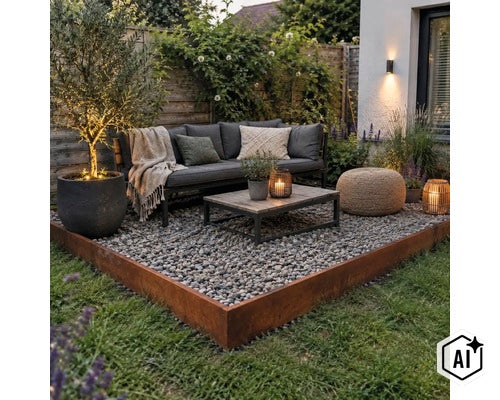 Moderne Gartenterrasse mit Lounge Sofa, Couchtisch aus Holz und Metall, Sitzhocker und Beleuchtung auf einem Schotterplatz mit Cortenstahlkante (Image AI modified or generated)