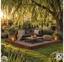 Gemütliche Gartenlounge mit Ecksofa, Couchtisch und Kieselsteinen auf einer Terrasse unter einer Trauerweide bei Sonnenuntergang. (Image AI modified or generated)