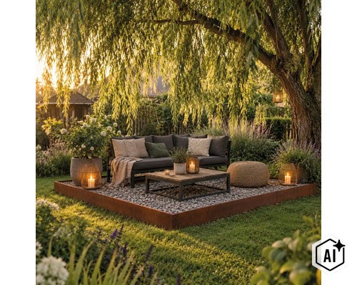Gemütliche Gartenlounge mit Ecksofa, Couchtisch und Kieselsteinen auf einer Terrasse unter einer Trauerweide bei Sonnenuntergang. (Image AI modified or generated)