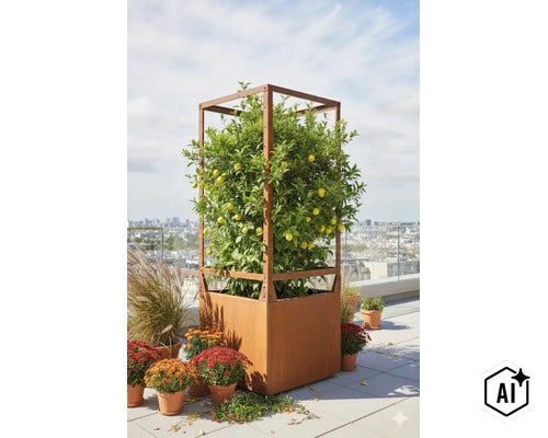 Zitronenbaum in einem quadratischen Pflanzkübel aus Cortenstahl mit Rankgitter auf einer Dachterrasse vor einer Stadtkulisse. (Image AI modified or generated)