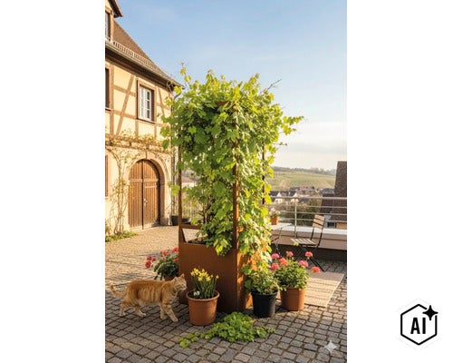 Ein quadratischer Pflanzkasten aus Metall mit integriertem Rankgitter auf einer Terrasse, bepflanzt mit einer Weinrebe und umgeben von Blumentöpfen. (Image AI modified or generated)