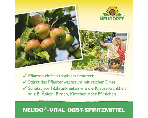 Neudorff Neudo Vital Obst Spritzmittel zur Stärkung von Obstbäumen mit Produktinformationen und Anwendungshinweisen sowie Neudorff Logo.