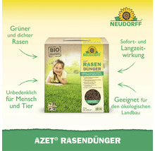Neudorff Azet Rasendünger in der 5 Kilogramm Packung für 100 Quadratmeter Rasenfläche mit Informationen zu Anwendung und Produkteigenschaften.