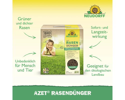 Neudorff Azet Rasendünger in der 5 Kilogramm Packung für 100 Quadratmeter Rasenfläche mit Informationen zu Anwendung und Produkteigenschaften.