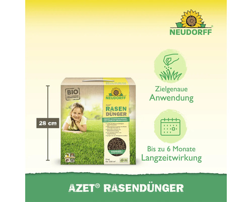 Neudorff Azet Rasendünger 5 Kilogramm Packung für 100 Quadratmeter zur Rasenpflege mit organischer Sofort- und Langzeitwirkung.