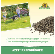 Neudorff Azet Rasendünger in Granulatform für widerstandsfähige Rasenflächen, geeignet für Mähroboter, mit zwei Kindern und Hund im Garten.